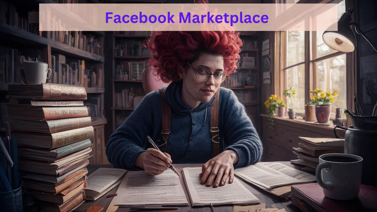 a person with red hair sitting at a desk with books